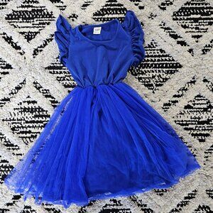 Girls Blue Knit Flutter Sleeve Dress with Tulle Skirt Overlay size 120/6